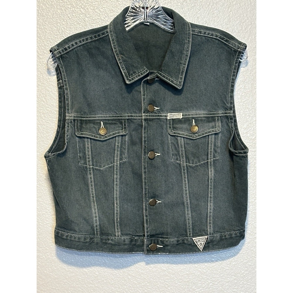 Vintage GUESS Georges Marciano USA Jean Denim Green Trucker Vest 80's Men's S/M